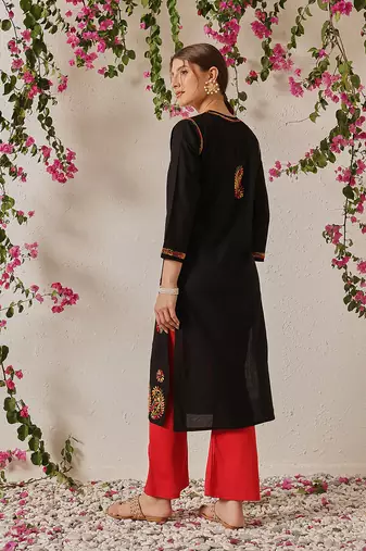Women'S Hand Embroidered Black Cotton Lucknowi Chikankari Straight Women Kurta