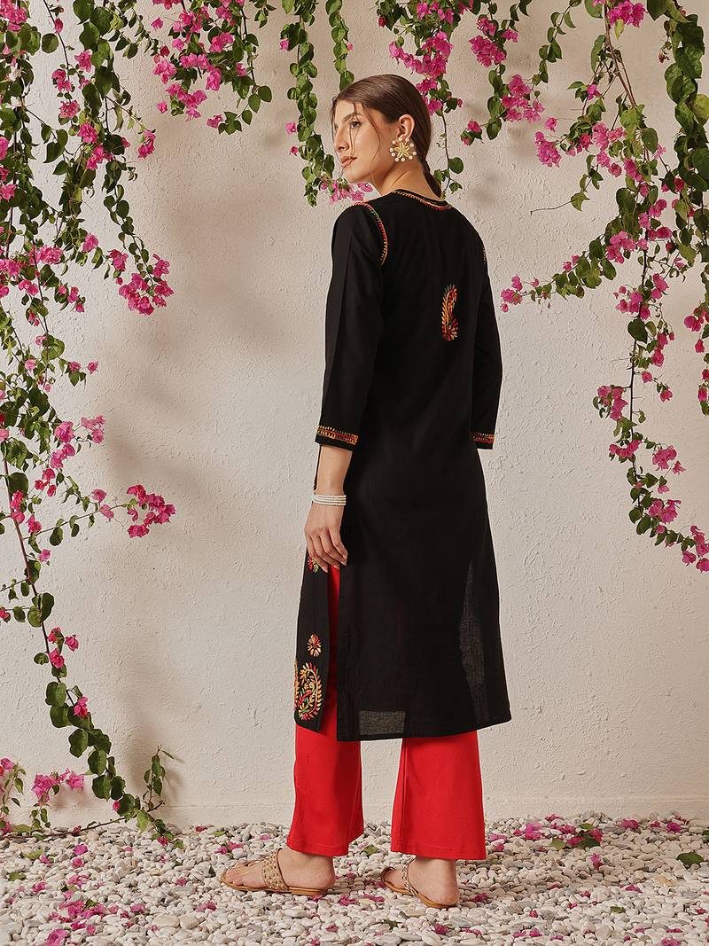 Women'S Hand Embroidered Black Cotton Lucknowi Chikankari Straight Women Kurta