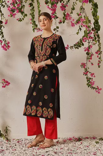 Women'S Hand Embroidered Black Cotton Lucknowi Chikankari Straight Women Kurta