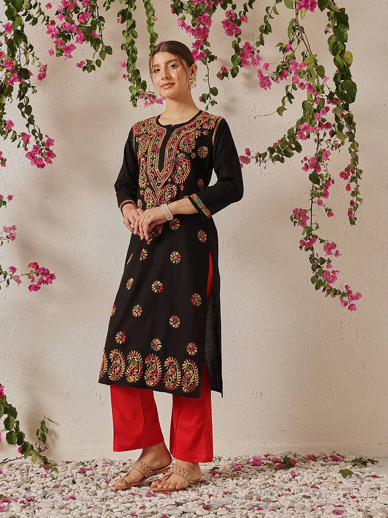 Women'S Hand Embroidered Black Cotton Lucknowi Chikankari Straight Women Kurta