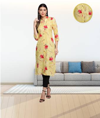 Golden Yellow Cambric Cotton Floral Printed Straight Ladies Kurti 1