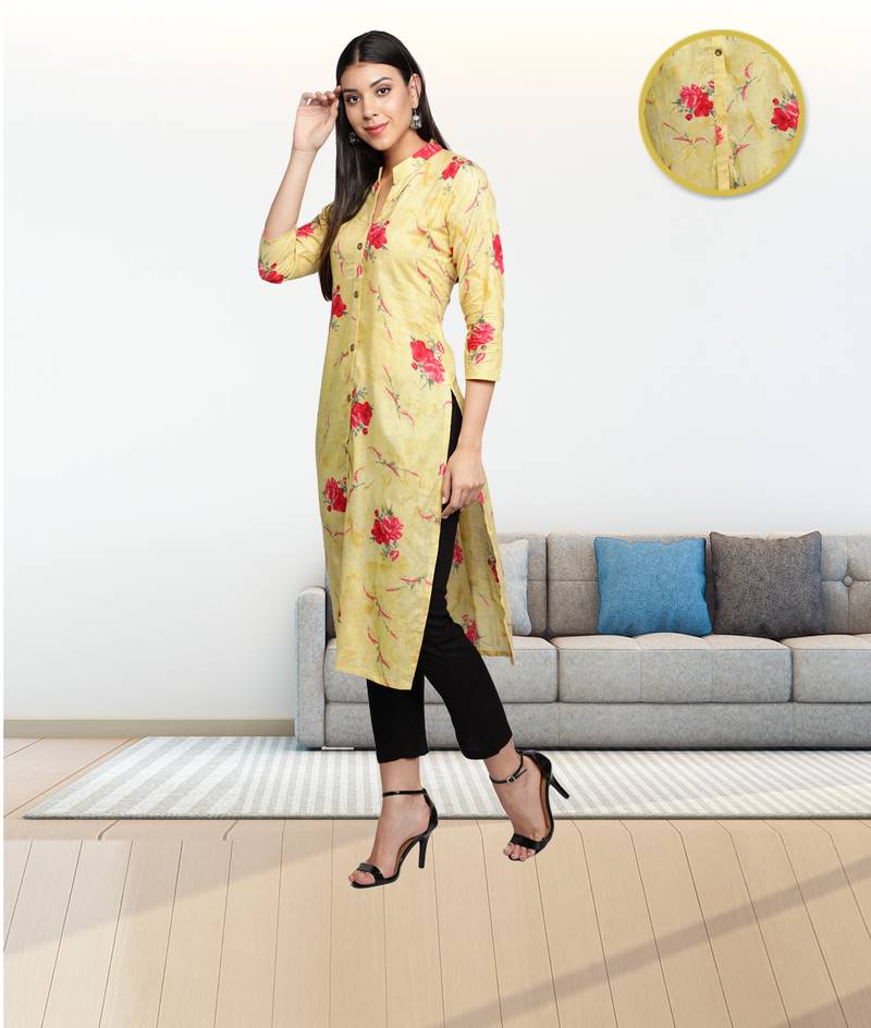Golden Yellow Cambric Cotton Floral Printed Straight Ladies Kurti