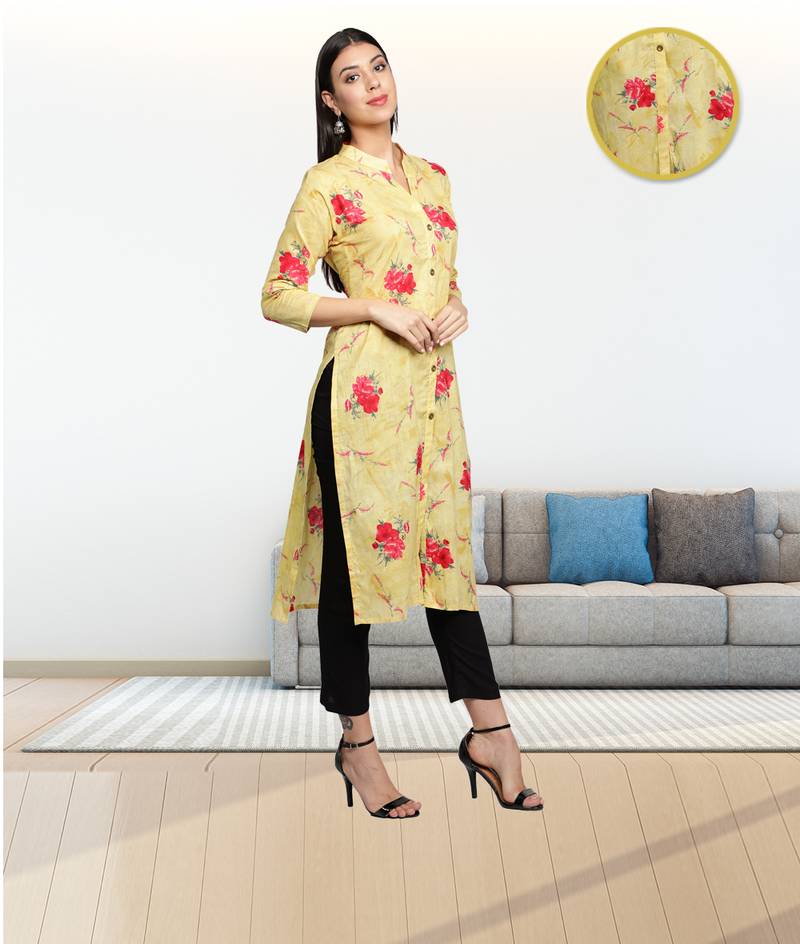 Golden Yellow Cambric Cotton Floral Printed Straight Ladies Kurti