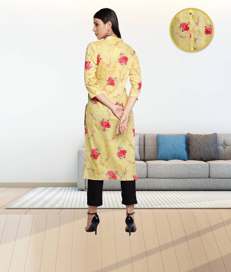 Golden Yellow Cambric Cotton Floral Printed Straight Ladies Kurti