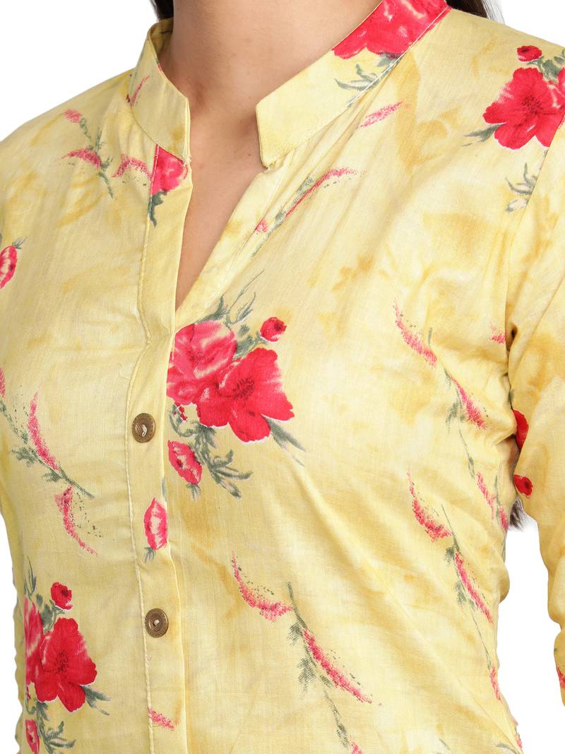 Golden Yellow Cambric Cotton Floral Printed Straight Ladies Kurti