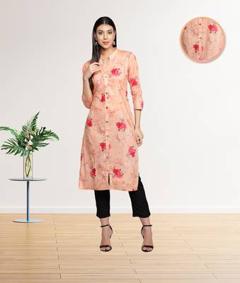 Peach Pink Cambric Cotton Floral Printed Straight Ladies Kurti 1