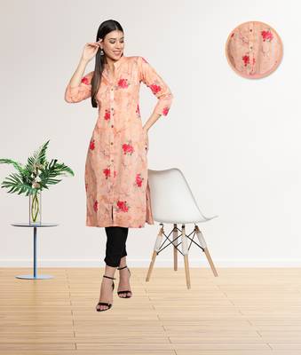 Peach Pink Cambric Cotton Floral Printed Straight Ladies Kurti 2