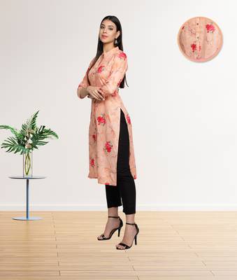 Peach Pink Cambric Cotton Floral Printed Straight Ladies Kurti 3
