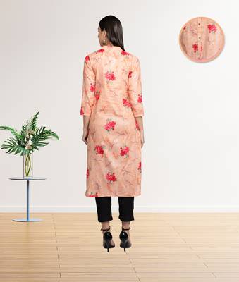 Peach Pink Cambric Cotton Floral Printed Straight Ladies Kurti 4