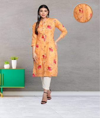 Orange Cambric Cotton Floral Printed Straight Ladies Kurti 1