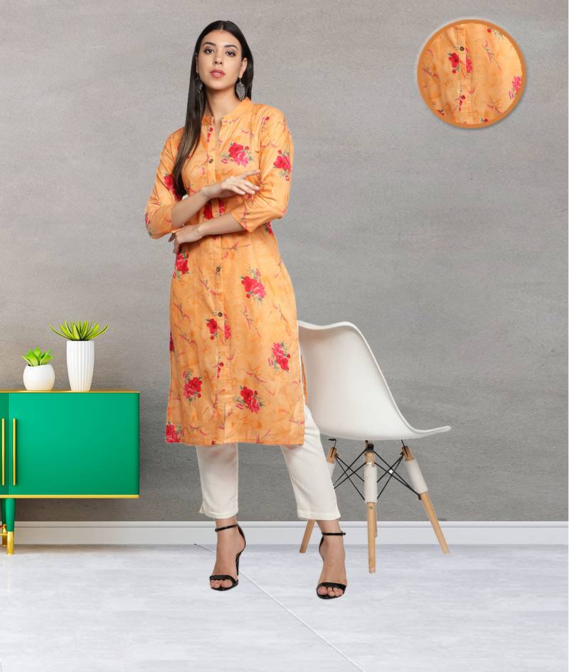 Orange Cambric Cotton Floral Printed Straight Ladies Kurti