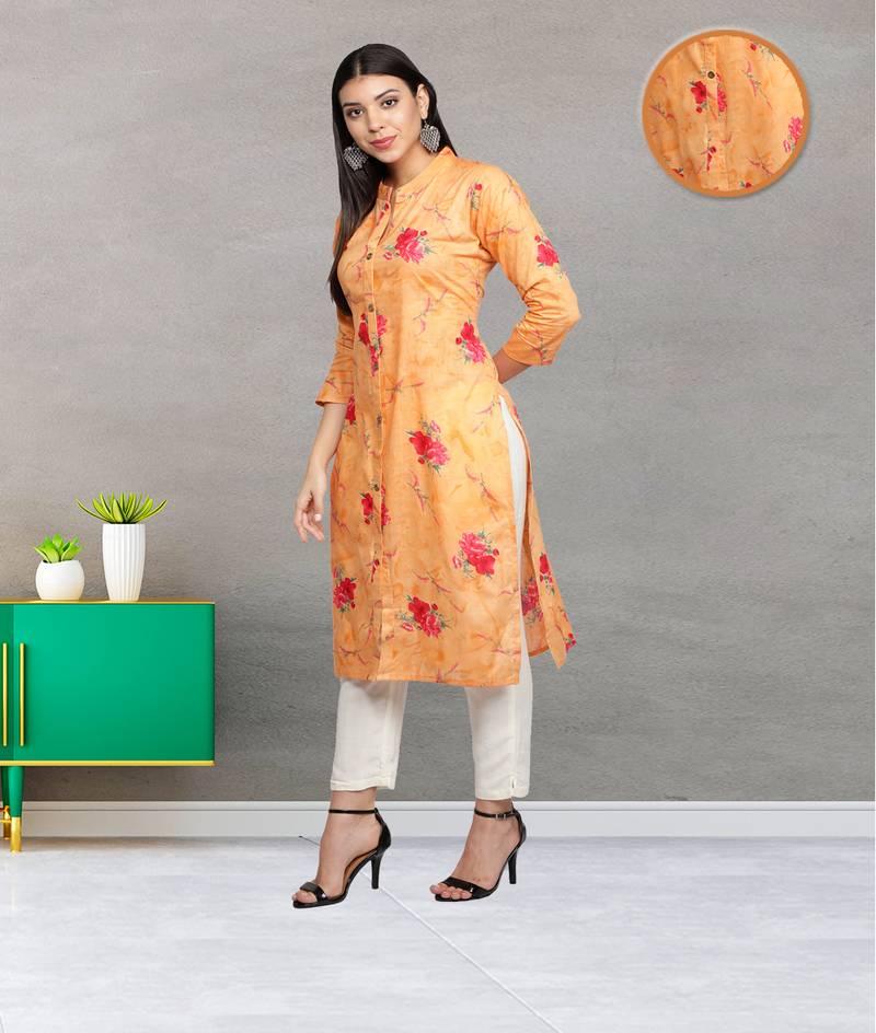Orange Cambric Cotton Floral Printed Straight Ladies Kurti