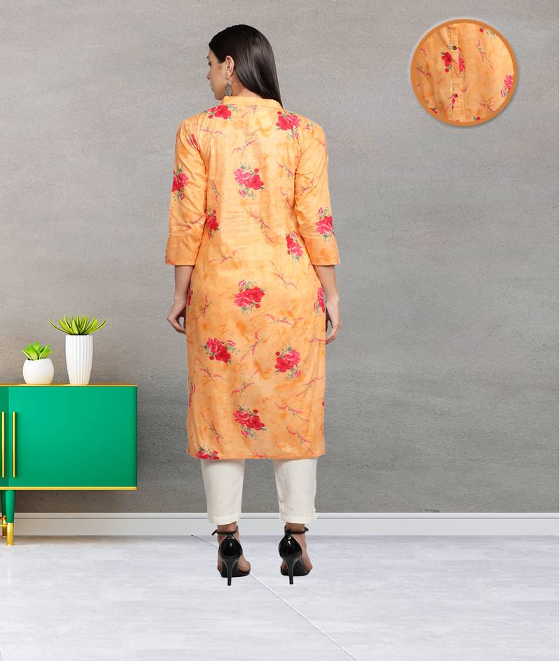 Orange Cambric Cotton Floral Printed Straight Ladies Kurti