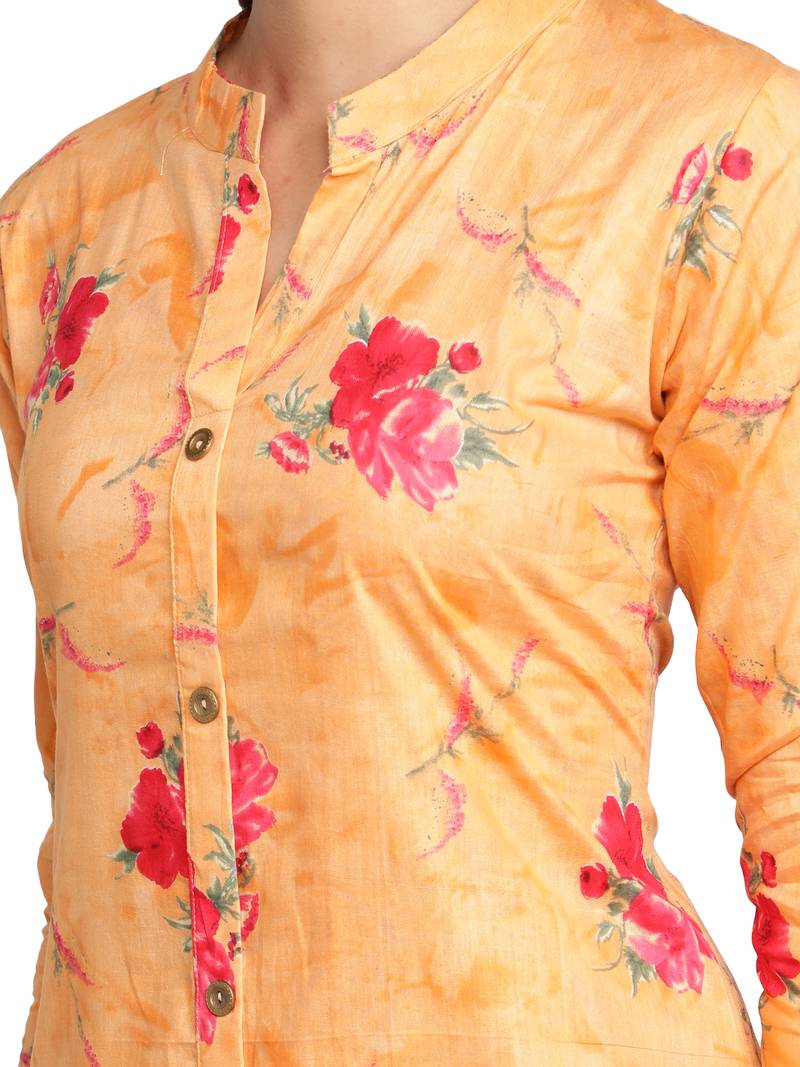 Orange Cambric Cotton Floral Printed Straight Ladies Kurti