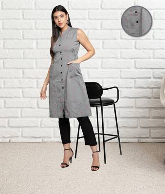 Grey Women Cotton Woven Design A-Line Kurta 1