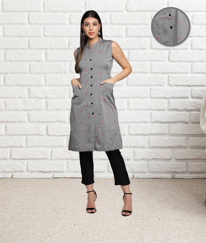 Grey Women Cotton Woven Design A-Line Kurta