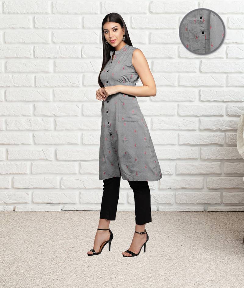 Grey Women Cotton Woven Design A-Line Kurta
