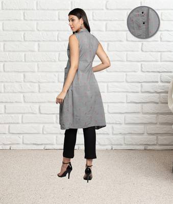 Grey Women Cotton Woven Design A-Line Kurta 4