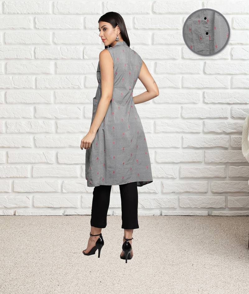 Grey Women Cotton Woven Design A-Line Kurta