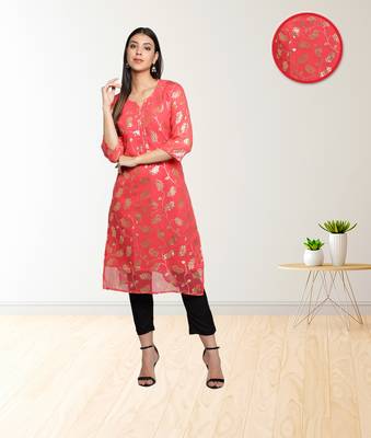 Red Gold Foil Printed Straight Georgette Women Kurti 1