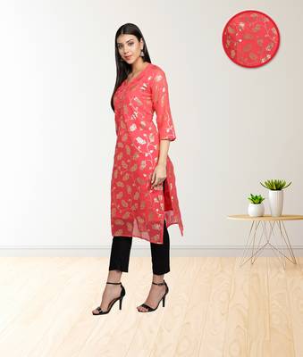 Red Gold Foil Printed Straight Georgette Women Kurti 2