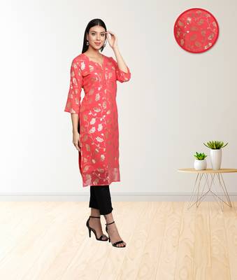 Red Gold Foil Printed Straight Georgette Women Kurti 3