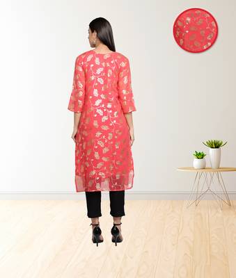 Red Gold Foil Printed Straight Georgette Women Kurti 4