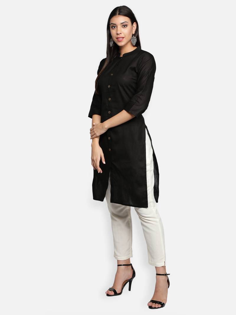 Black Cotton Flex Solid Plain Front Slit Straight Women Kurta