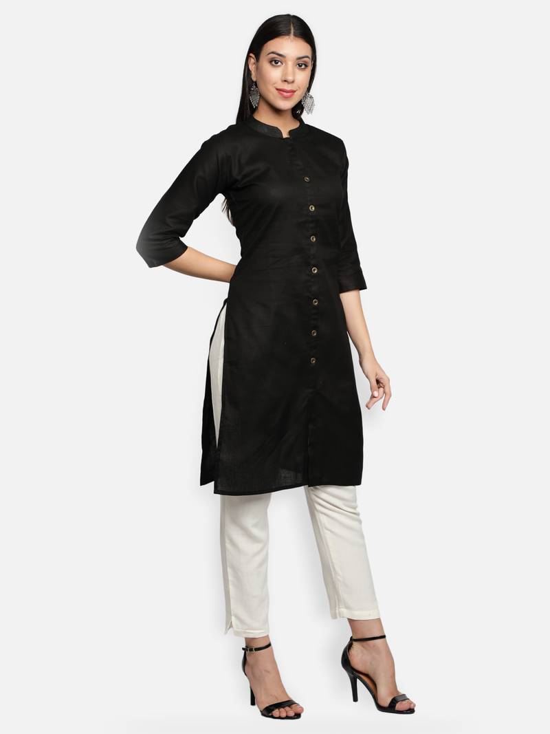 Black Cotton Flex Solid Plain Front Slit Straight Women Kurta