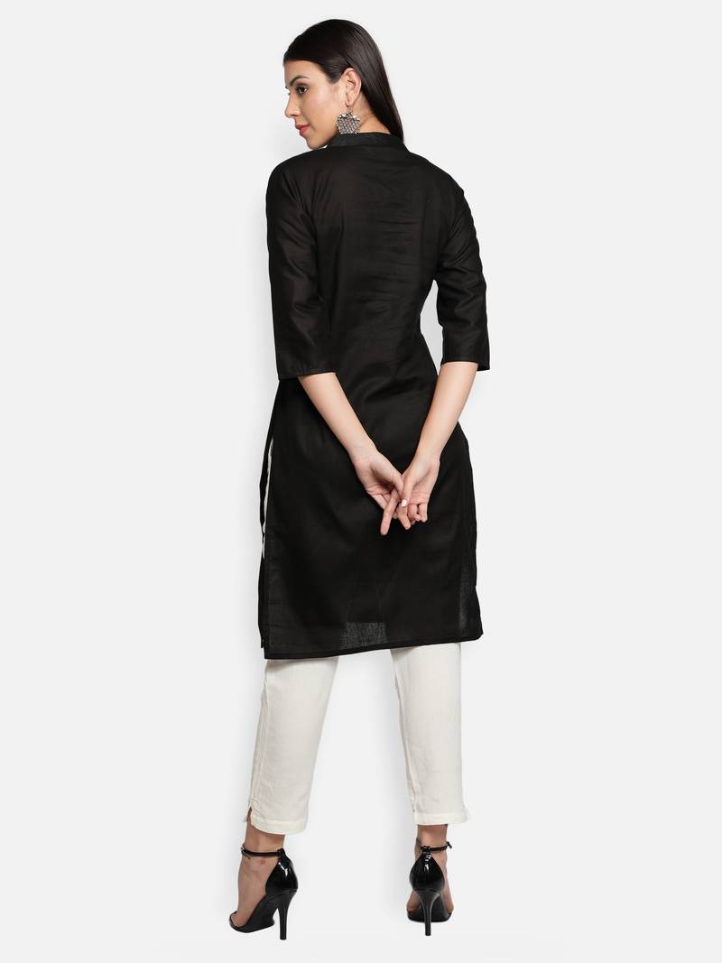 Black Cotton Flex Solid Plain Front Slit Straight Women Kurta