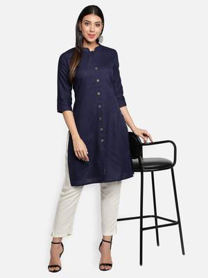 Navy Blue Cotton Flex Solid Plain Front Slit Straight Women Kurta 1