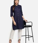 Navy Blue Cotton Flex Solid Plain Front Slit Straight Women Kurta