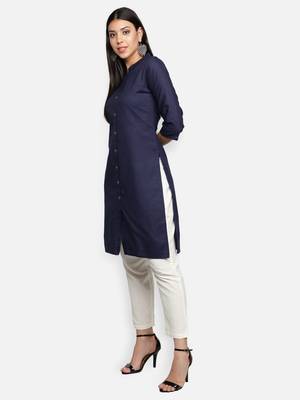 Navy Blue Cotton Flex Solid Plain Front Slit Straight Women Kurta 2