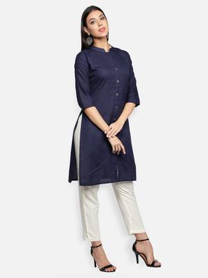 Navy Blue Cotton Flex Solid Plain Front Slit Straight Women Kurta 3