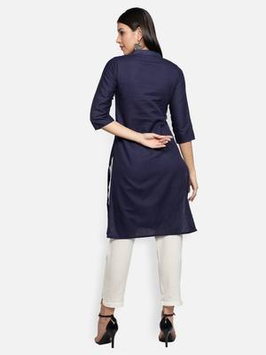 Navy Blue Cotton Flex Solid Plain Front Slit Straight Women Kurta 4