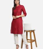 Maroon Cotton Flex Solid Plain Front Slit Straight Women Kurta