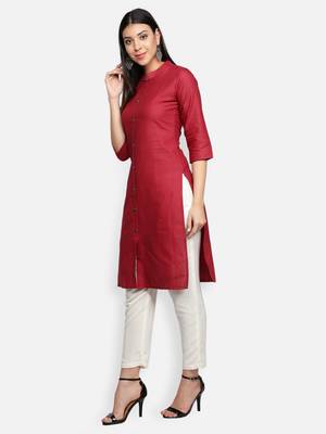 Maroon Cotton Flex Solid Plain Front Slit Straight Women Kurta 2