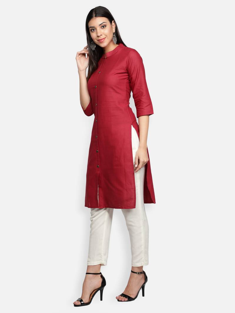 Maroon Cotton Flex Solid Plain Front Slit Straight Women Kurta