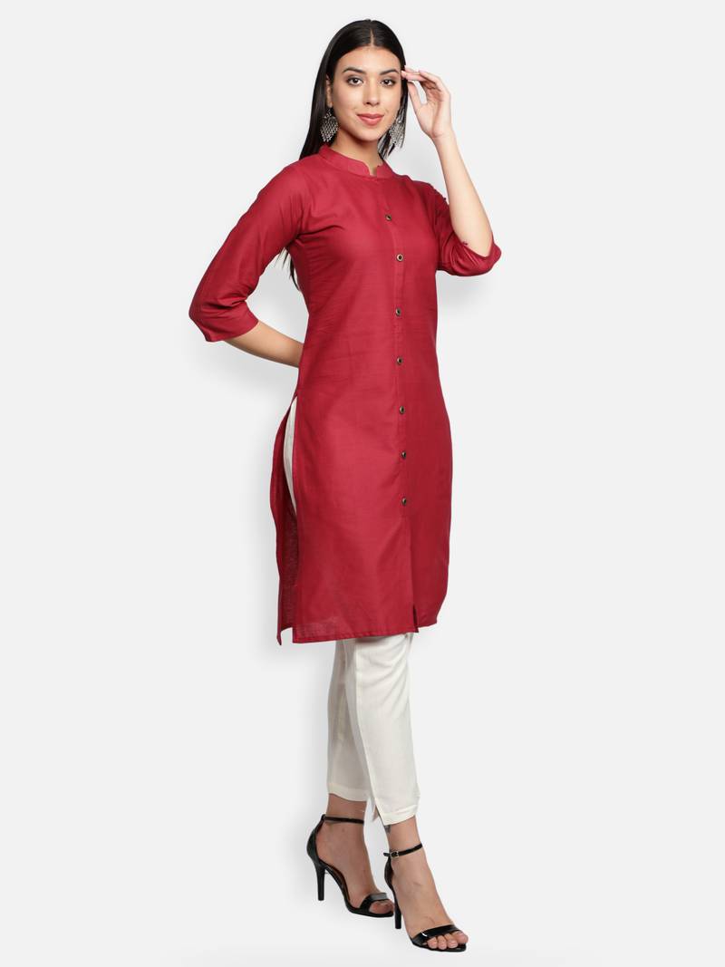 Maroon Cotton Flex Solid Plain Front Slit Straight Women Kurta