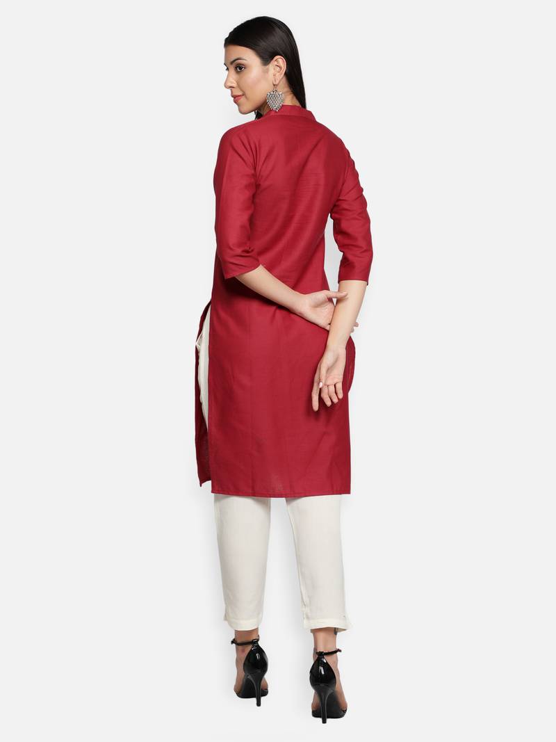 Maroon Cotton Flex Solid Plain Front Slit Straight Women Kurta