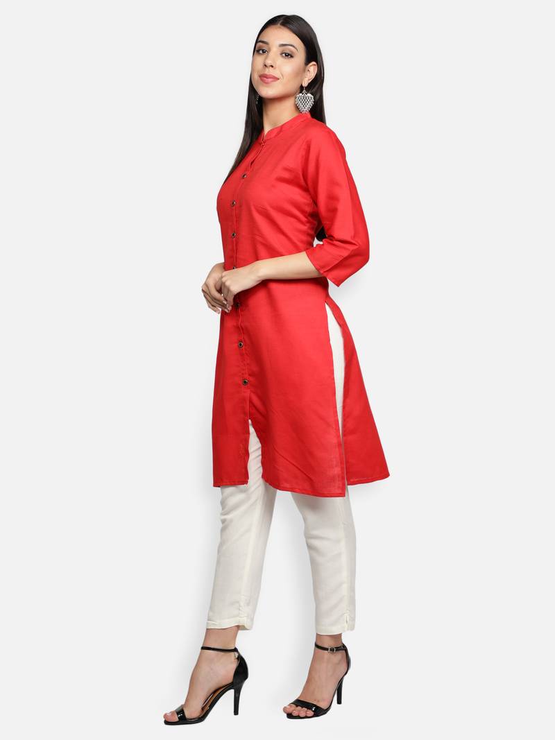 Red Cotton Flex Solid Plain Front Slit Straight Women Kurta