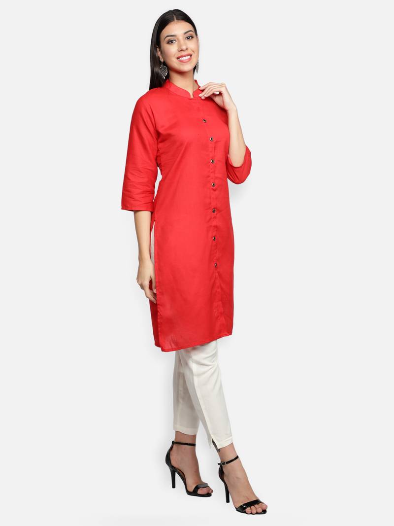 Red Cotton Flex Solid Plain Front Slit Straight Women Kurta