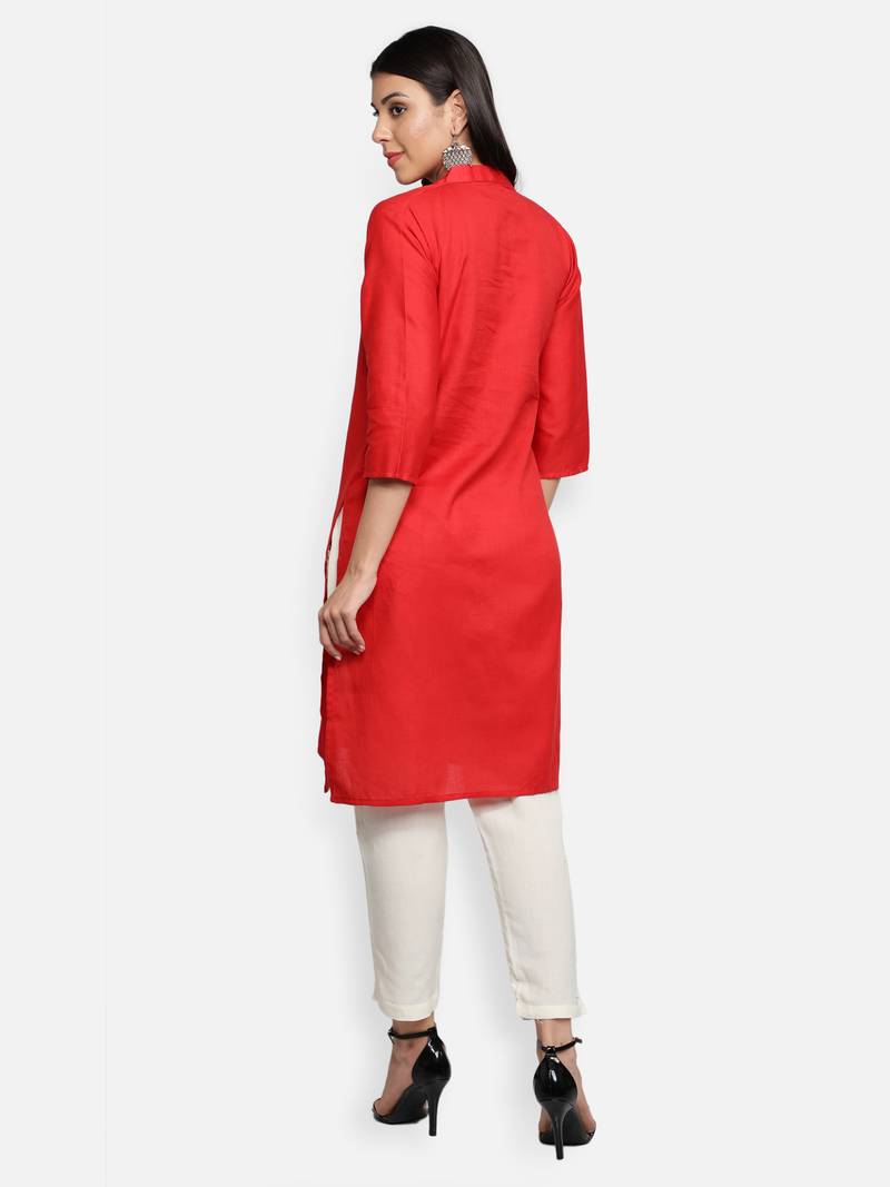 Red Cotton Flex Solid Plain Front Slit Straight Women Kurta