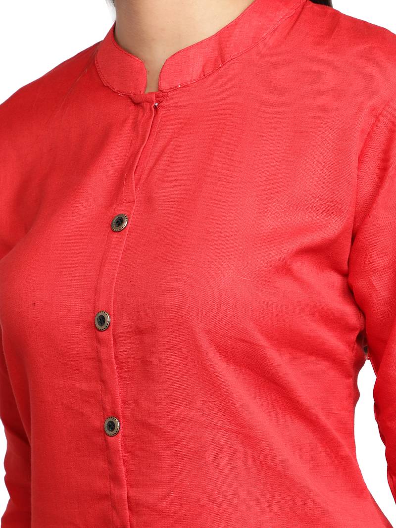 Red Cotton Flex Solid Plain Front Slit Straight Women Kurta