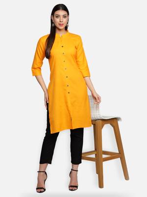 Mustard Yellow Cotton Flex Solid Plain Front Slit Straight Women Kurta 1