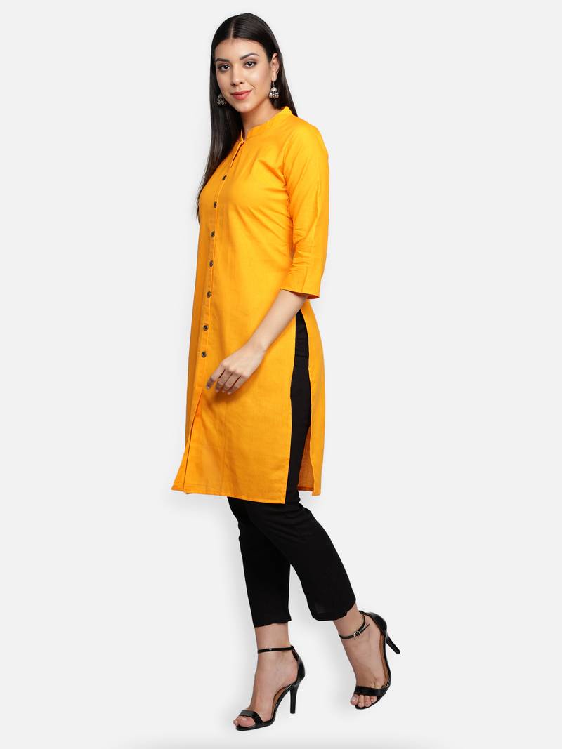 Mustard Yellow Cotton Flex Solid Plain Front Slit Straight Women Kurta