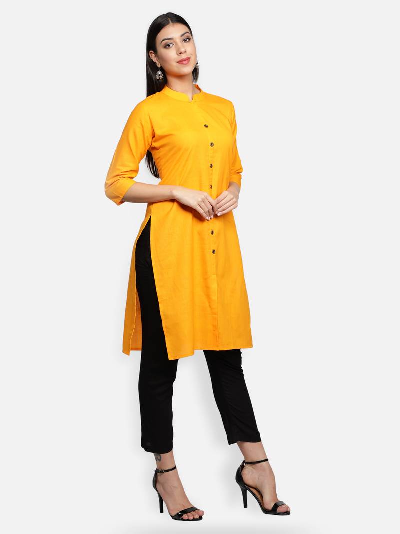 Mustard Yellow Cotton Flex Solid Plain Front Slit Straight Women Kurta