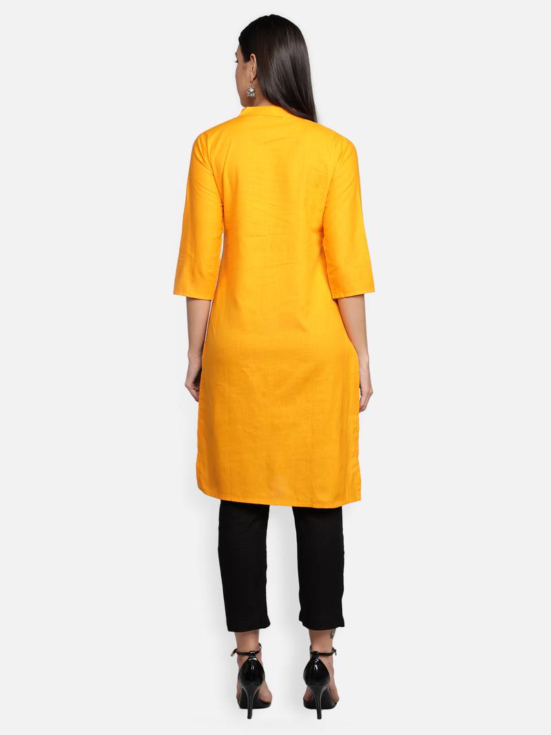 Mustard Yellow Cotton Flex Solid Plain Front Slit Straight Women Kurta