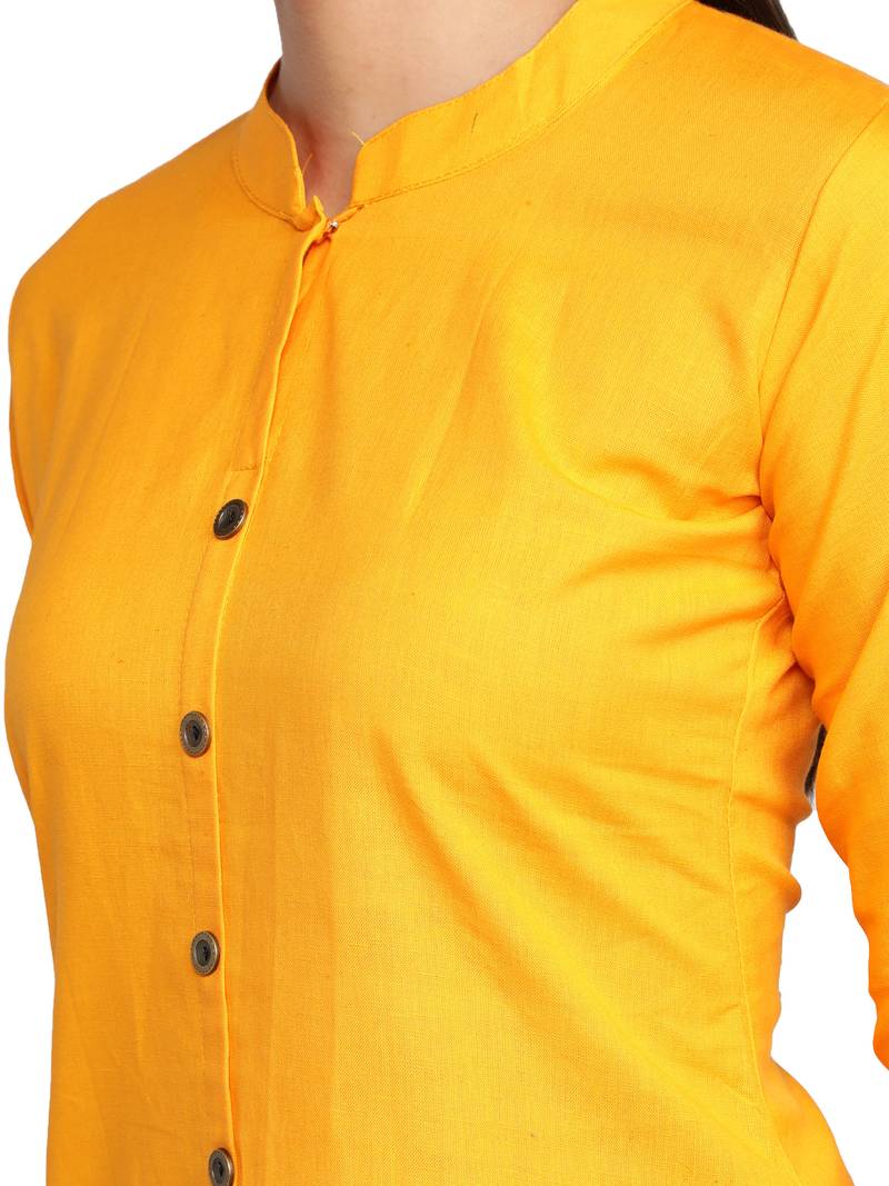 Mustard Yellow Cotton Flex Solid Plain Front Slit Straight Women Kurta