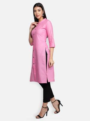 Light Pink Cotton Flex Solid Plain Front Slit Straight Women Kurta 2